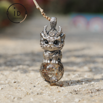 Totem Pendant with Phantom Quartz and Black Agate in 925 Silver, Handmade Fantasy Animal Jewelry in Gothic Vintage Style, Gift for Her