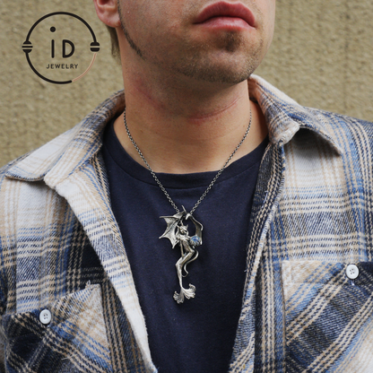 Silver Pendant with Ocean Blue Stone, Gothic Capricorn Necklace, Fantasy Jewelry for Women, Unique Gift Birthday Astrology