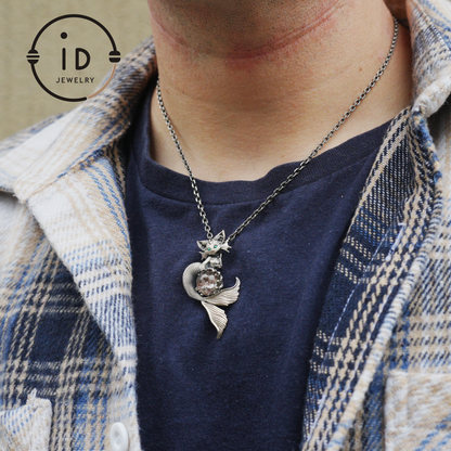 Mermaid Cat Pendant with Phantom Quartz in Oxidized 925 Silver, Fantasy Vintage Jewelry Gift for Her, Mystical Animal Necklace