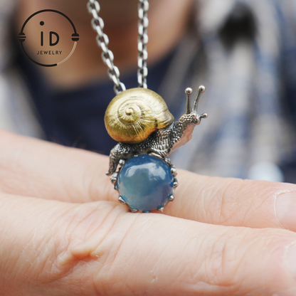 Aquamarine pendant in silver and bronze with snail design, handmade fantasy nature jewelry, animal necklace gift for her or him