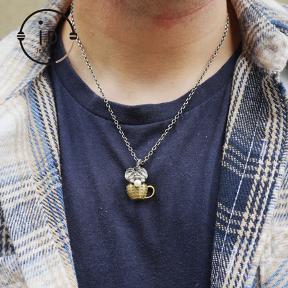 Mouse Pendant in 925 Sterling Silver with Freshwater Pearl, Oxidized Vintage Animal Necklace in Fairy Style, Handmade Jewelry Gift for Her