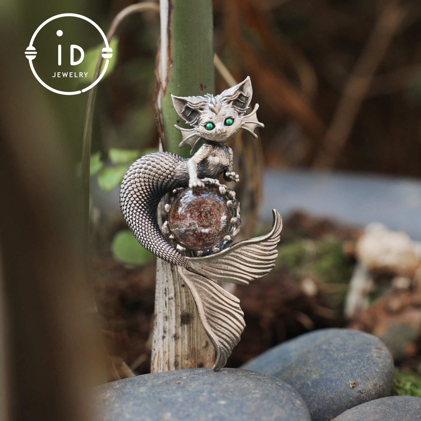 Mermaid Cat Pendant with Phantom Quartz in Oxidized 925 Silver, Fantasy Vintage Jewelry Gift for Her, Mystical Animal Necklace