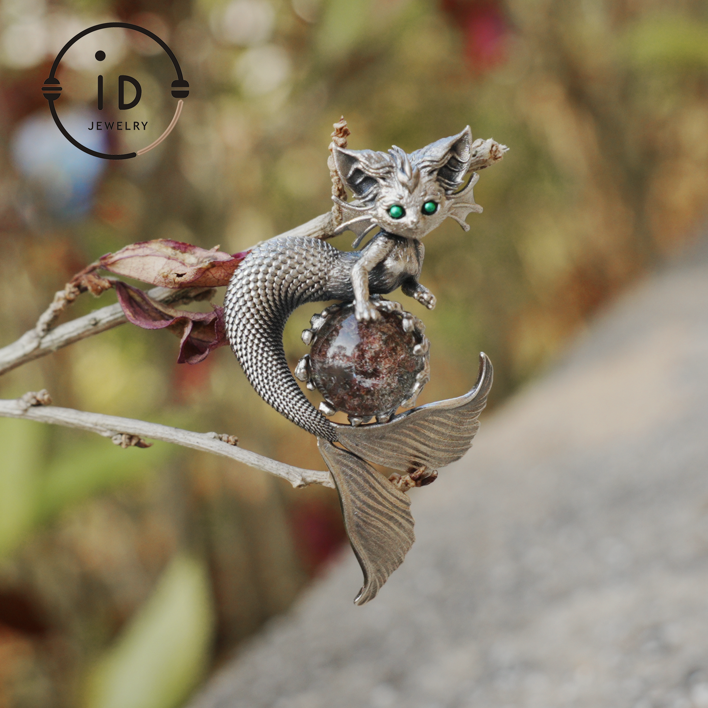 Mermaid Cat Pendant with Phantom Quartz in Oxidized 925 Silver, Fantasy Vintage Jewelry Gift for Her, Mystical Animal Necklace