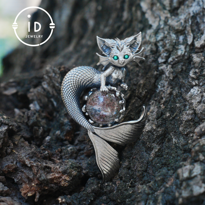 Mermaid Cat Pendant with Phantom Quartz in Oxidized 925 Silver, Fantasy Vintage Jewelry Gift for Her, Mystical Animal Necklace