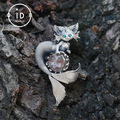 Mermaid Cat Pendant with Phantom Quartz in Oxidized 925 Silver, Fantasy Vintage Jewelry Gift for Her, Mystical Animal Necklace