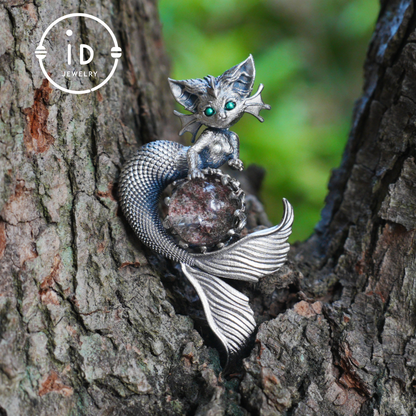 Mermaid Cat Pendant with Phantom Quartz in Oxidized 925 Silver, Fantasy Vintage Jewelry Gift for Her, Mystical Animal Necklace
