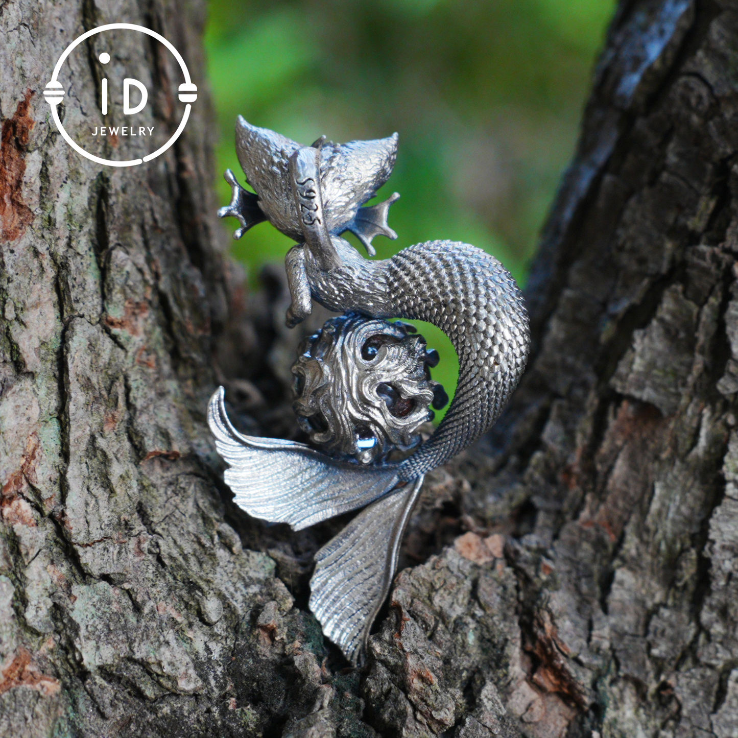 Mermaid Cat Pendant with Phantom Quartz in Oxidized 925 Silver, Fantasy Vintage Jewelry Gift for Her, Mystical Animal Necklace