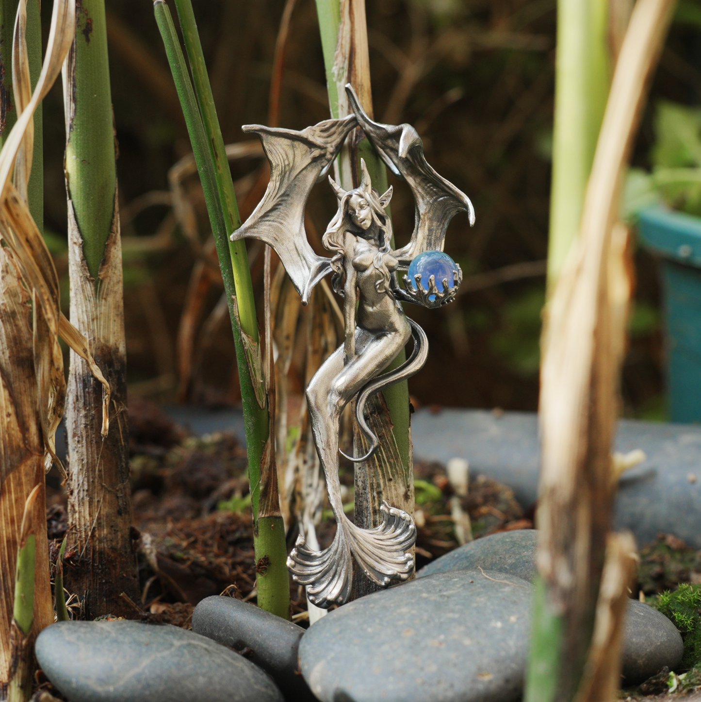 Silver Pendant with Ocean Blue Stone, Gothic Capricorn Necklace, Fantasy Jewelry for Women, Unique Gift Birthday Astrology