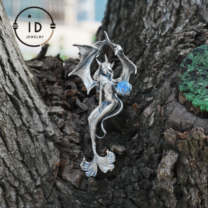 Silver Pendant with Ocean Blue Stone, Gothic Capricorn Necklace, Fantasy Jewelry for Women, Unique Gift Birthday Astrology