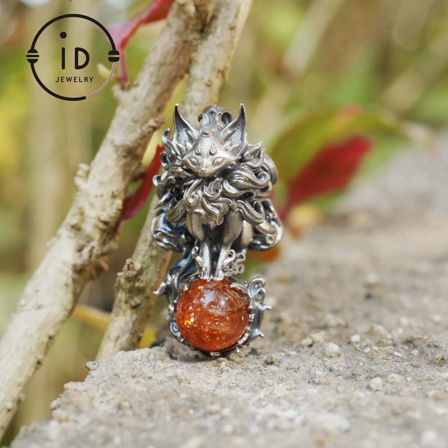 Animal Pendant with Sunstone in 925 Sterling Silver, Oxidized Gothic Fantasy Necklace Pendant, Handmade Jewelry Gift for Him