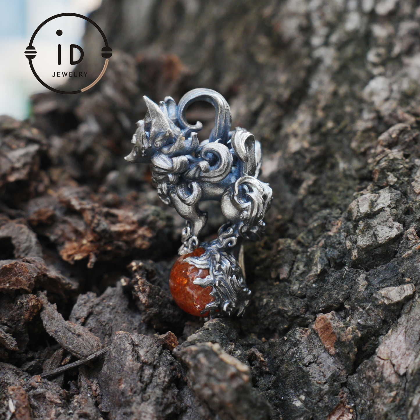 Animal Pendant with Sunstone in 925 Sterling Silver, Oxidized Gothic Fantasy Necklace Pendant, Handmade Jewelry Gift for Him