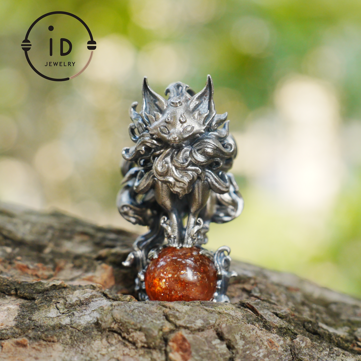 Animal Pendant with Sunstone in 925 Sterling Silver, Oxidized Gothic Fantasy Necklace Pendant, Handmade Jewelry Gift for Him