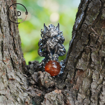 Animal Pendant with Sunstone in 925 Sterling Silver, Oxidized Gothic Fantasy Necklace Pendant, Handmade Jewelry Gift for Him