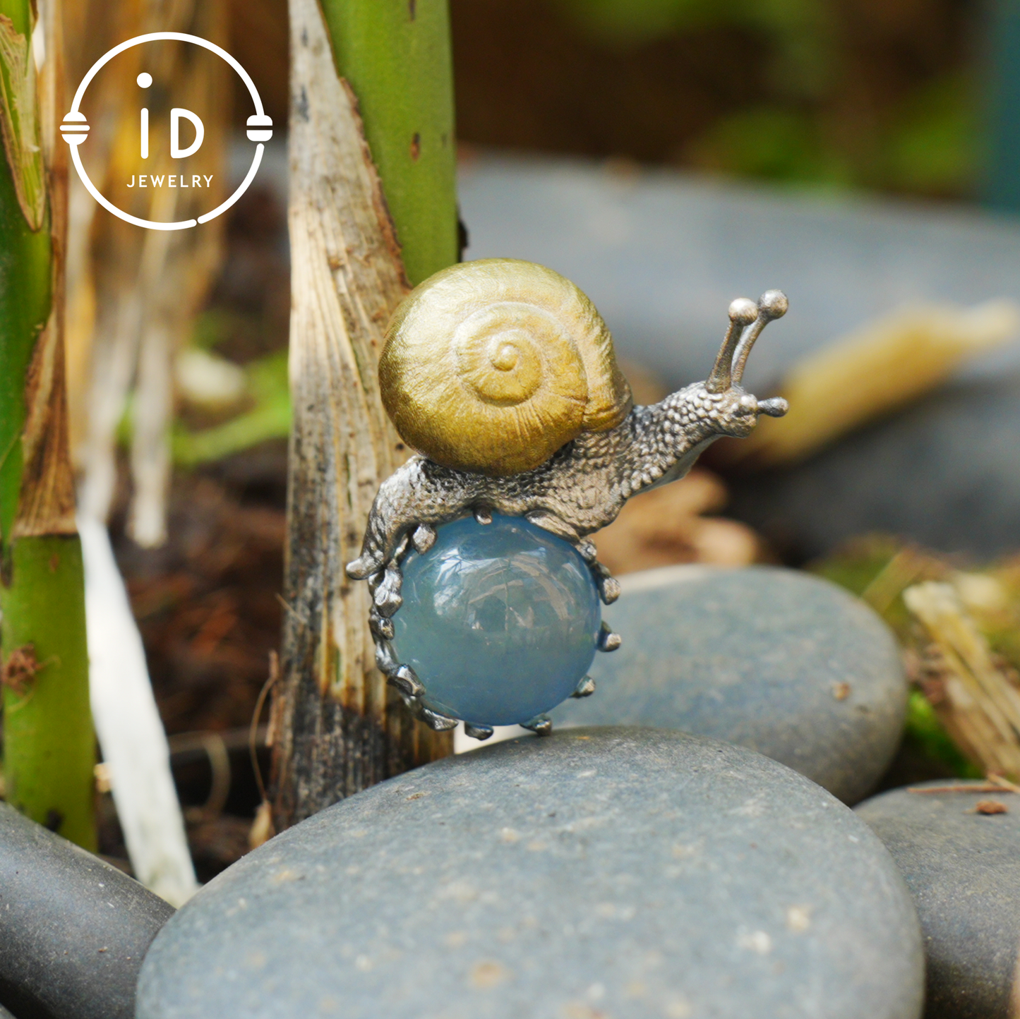 Aquamarine pendant in silver and bronze with snail design, handmade fantasy nature jewelry, animal necklace gift for her or him