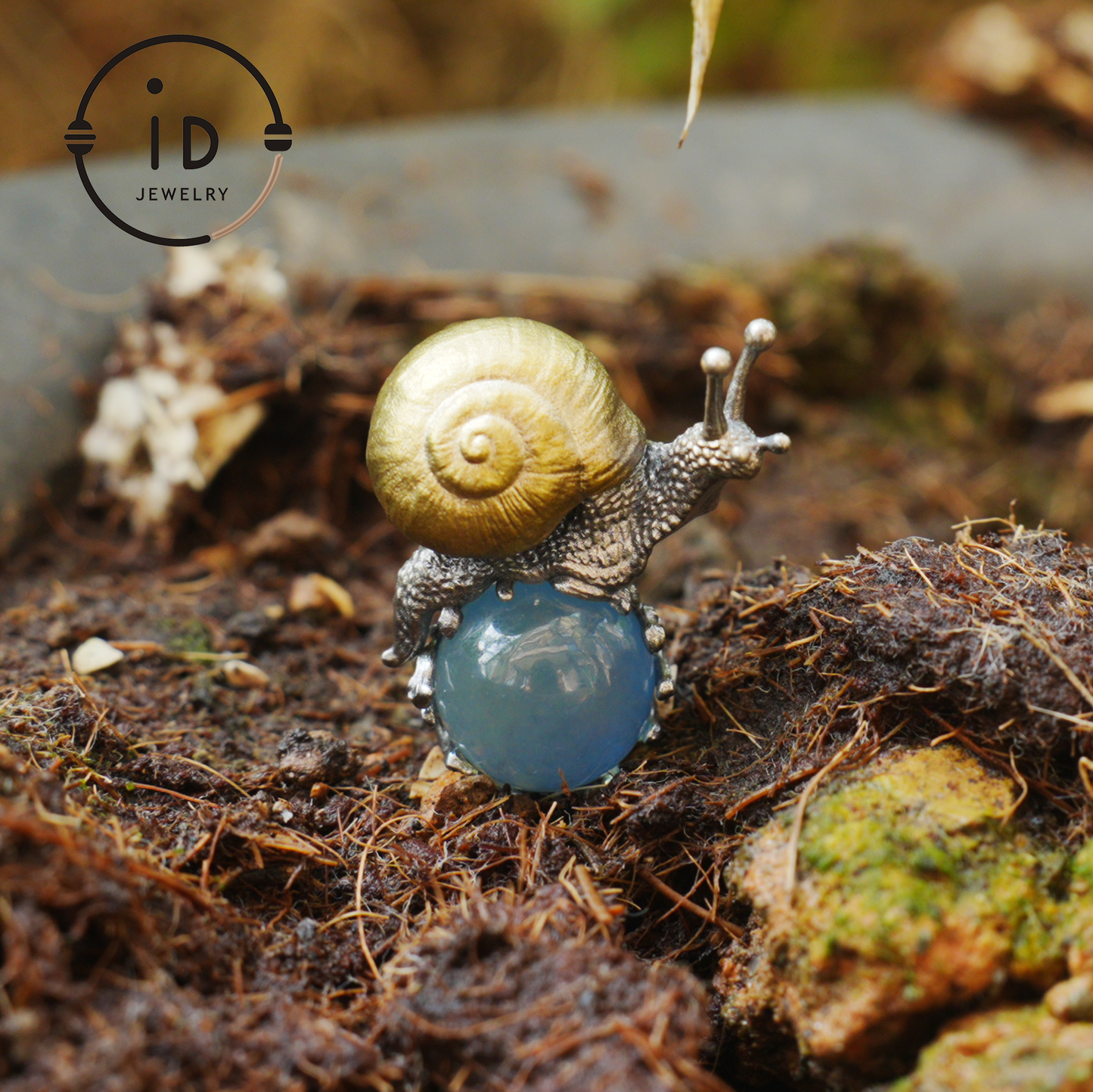 Aquamarine pendant in silver and bronze with snail design, handmade fantasy nature jewelry, animal necklace gift for her or him
