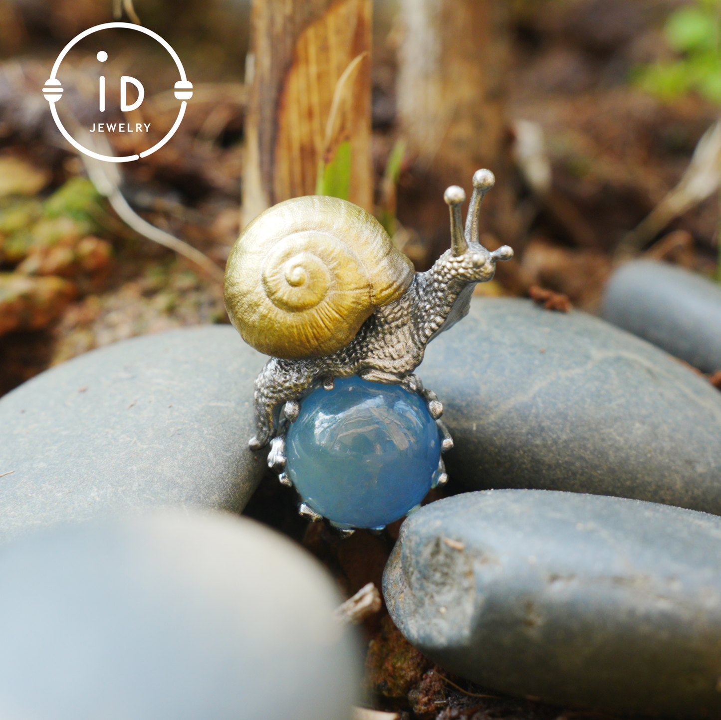 Aquamarine pendant in silver and bronze with snail design, handmade fantasy nature jewelry, animal necklace gift for her or him