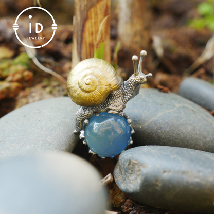 Aquamarine pendant in silver and bronze with snail design, handmade fantasy nature jewelry, animal necklace gift for her or him