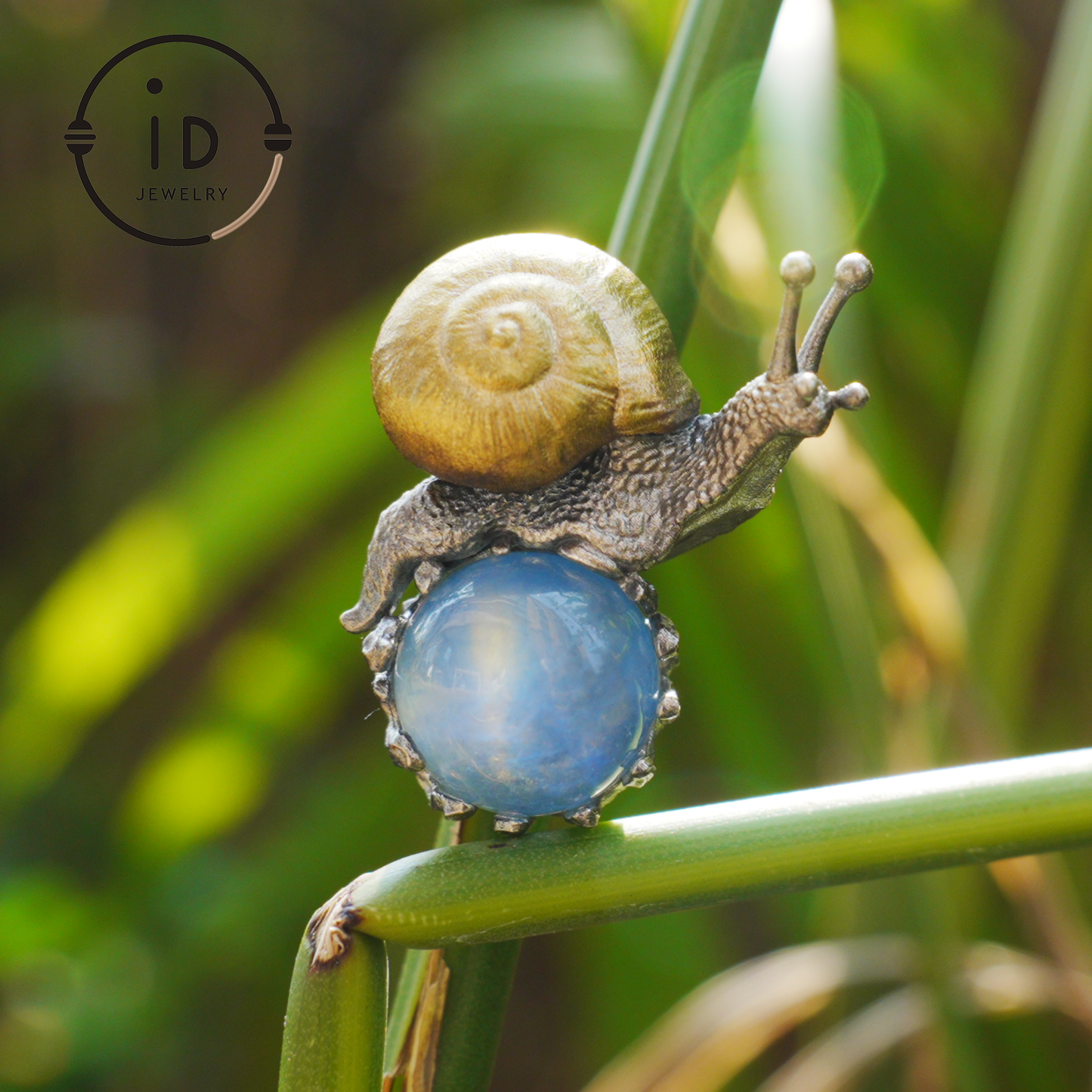 Aquamarine pendant in silver and bronze with snail design, handmade fantasy nature jewelry, animal necklace gift for her or him
