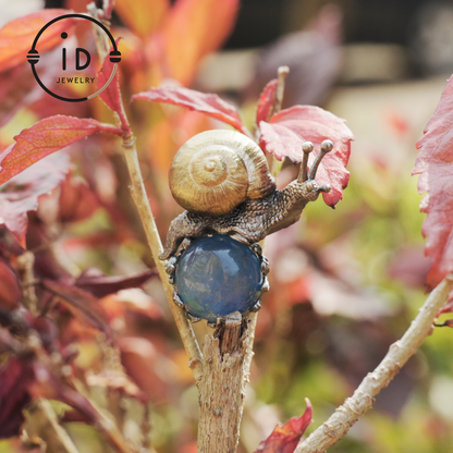 Aquamarine pendant in silver and bronze with snail design, handmade fantasy nature jewelry, animal necklace gift for her or him