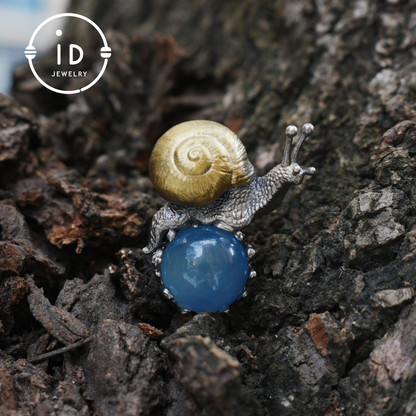 Aquamarine pendant in silver and bronze with snail design, handmade fantasy nature jewelry, animal necklace gift for her or him