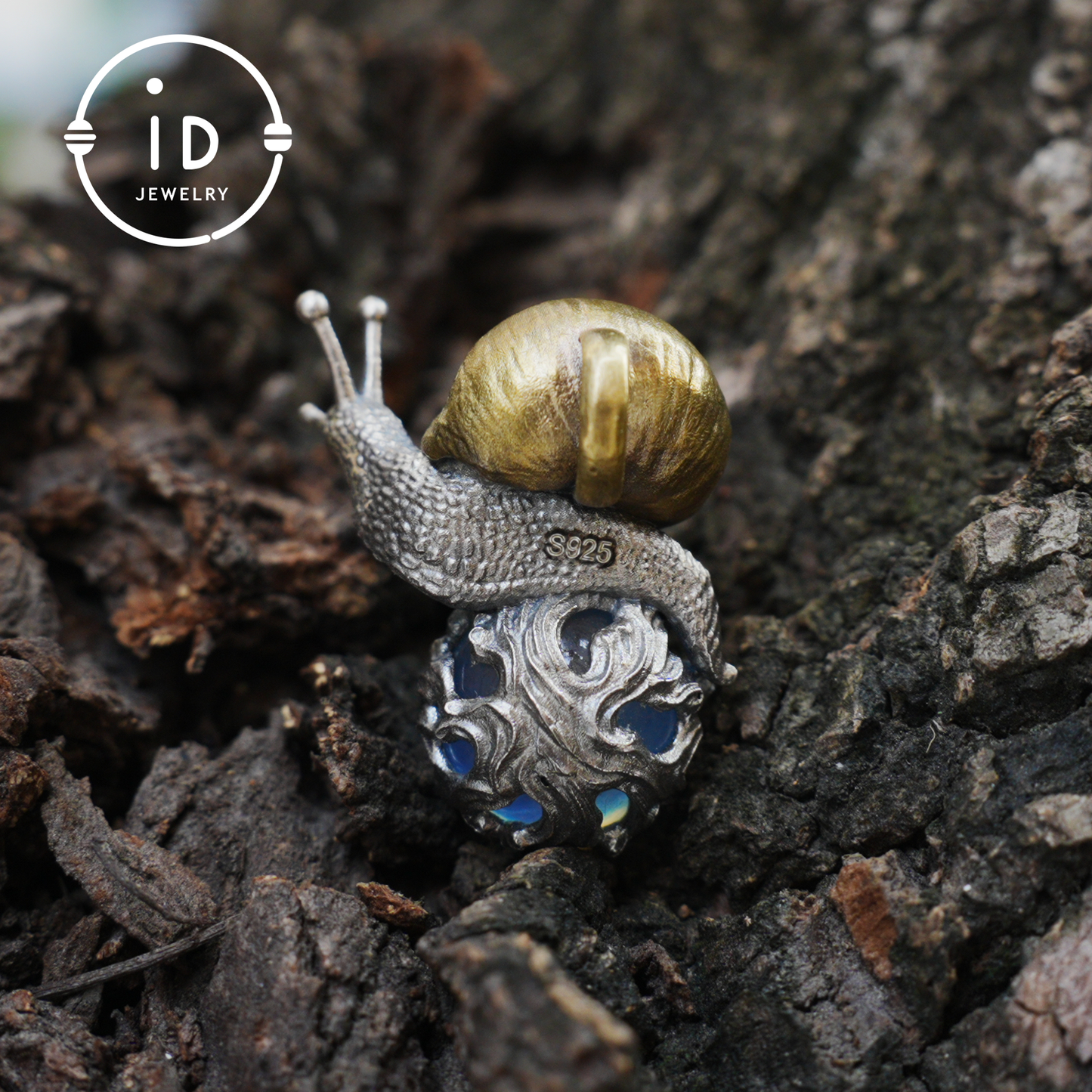 Aquamarine pendant in silver and bronze with snail design, handmade fantasy nature jewelry, animal necklace gift for her or him