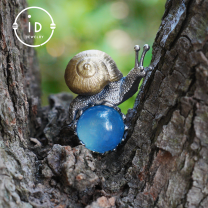 Aquamarine pendant in silver and bronze with snail design, handmade fantasy nature jewelry, animal necklace gift for her or him
