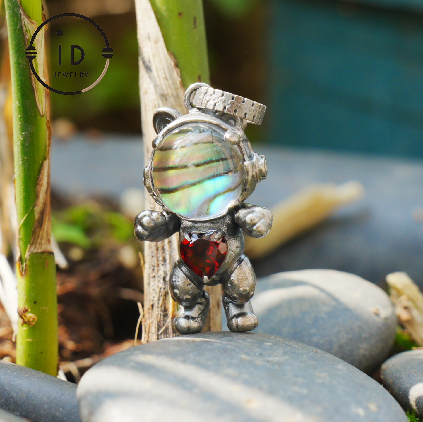 925 silver pendant with abalone shell & red garnet, handmade animal totem necklace in gothic fairytale style, gift for her, birthday