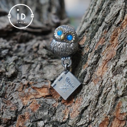 Owl Pendant with Blue Chalcedony in Oxidized 925 Silver Necklace Gothic Totem Jewelry Handmade Gift for Women Men Birthday Christmas