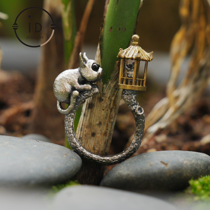 Adjustable Silver Cat Ring with Lantern & Black Onyx Eyes – Handmade Gothic Animal Jewelry, Totem Style Gift for Her, Birthday or Christmas