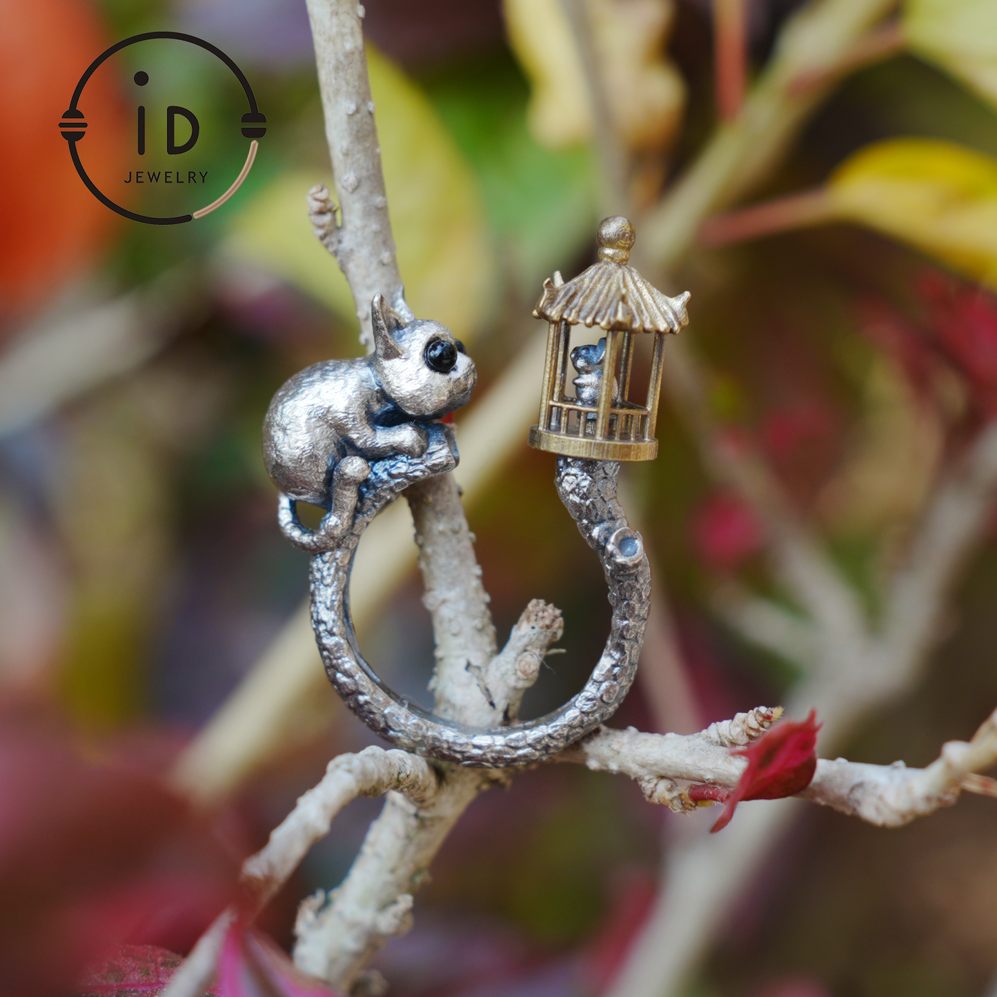 Adjustable Silver Cat Ring with Lantern & Black Onyx Eyes – Handmade Gothic Animal Jewelry, Totem Style Gift for Her, Birthday or Christmas