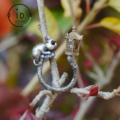 Adjustable Silver Cat Ring with Lantern & Black Onyx Eyes – Handmade Gothic Animal Jewelry, Totem Style Gift for Her, Birthday or Christmas