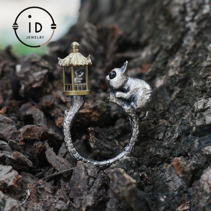 Adjustable Silver Cat Ring with Lantern & Black Onyx Eyes – Handmade Gothic Animal Jewelry, Totem Style Gift for Her, Birthday or Christmas