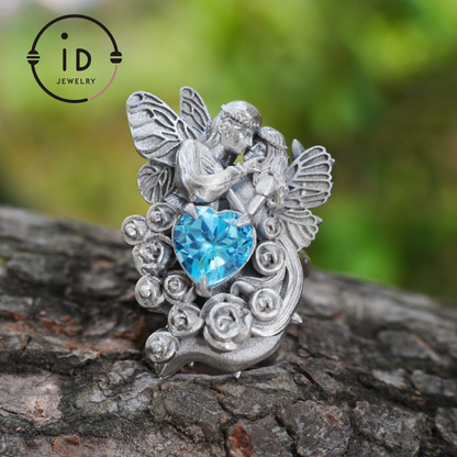 Adjustable Ring with Swiss Blue Topaz in 925 Silver, Oxidized Statement Ring in Gothic Fantasy Style, Handmade Jewelry Gift for Her