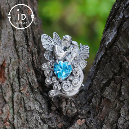 Adjustable Ring with Swiss Blue Topaz in 925 Silver, Oxidized Statement Ring in Gothic Fantasy Style, Handmade Jewelry Gift for Her