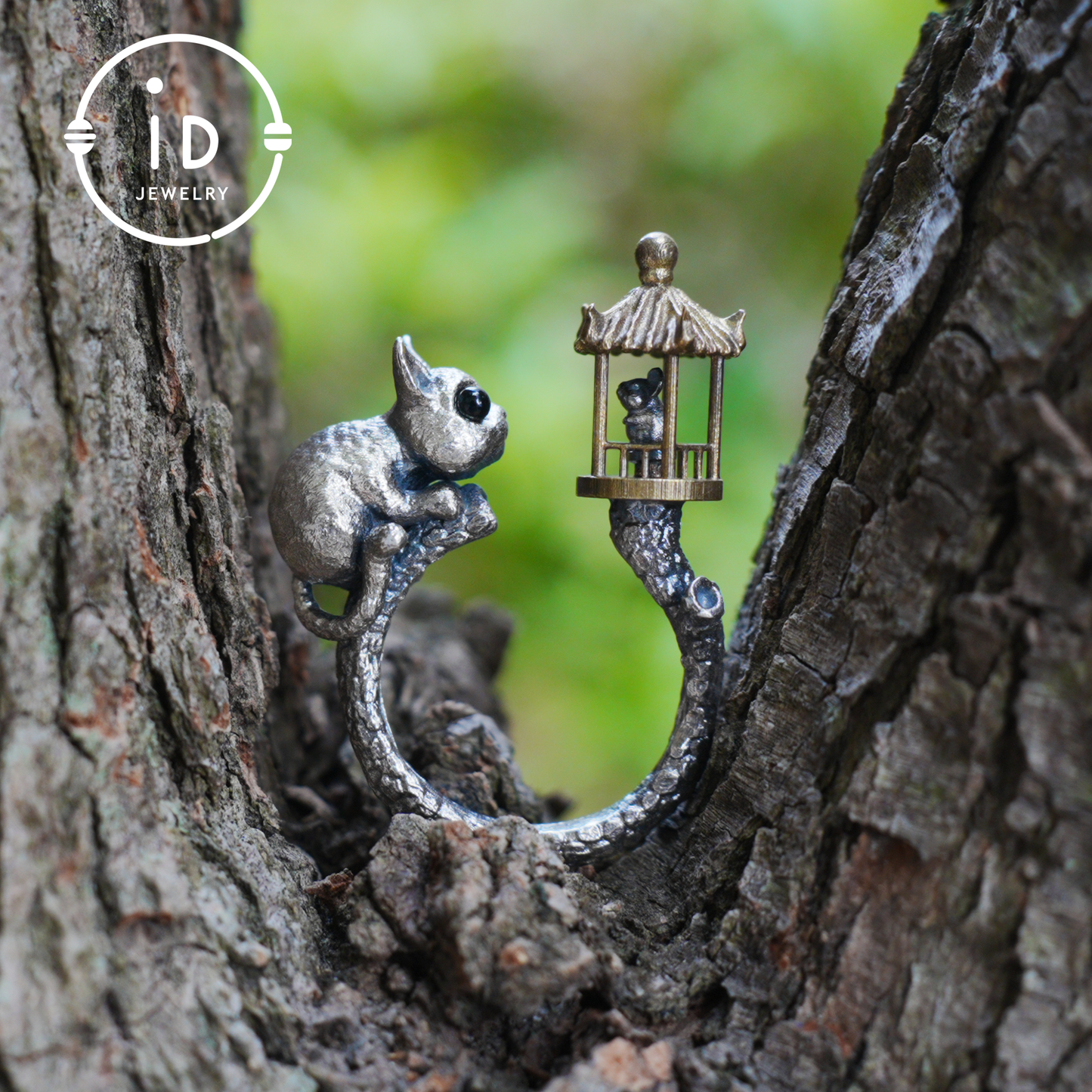 Adjustable Silver Cat Ring with Lantern & Black Onyx Eyes – Handmade Gothic Animal Jewelry, Totem Style Gift for Her, Birthday or Christmas