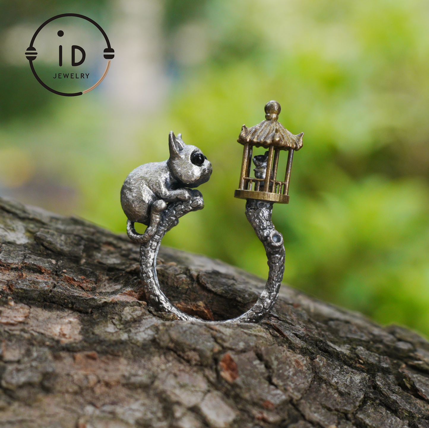 Adjustable Silver Cat Ring with Lantern & Black Onyx Eyes – Handmade Gothic Animal Jewelry, Totem Style Gift for Her, Birthday or Christmas
