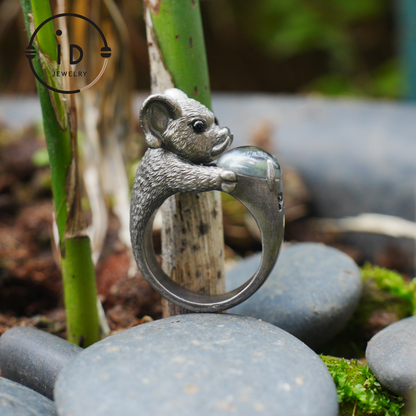 925 Sterling Silver Wild Boar Ring with Rock Crystal and Onyx, handmade animal ring in Gothic vintage style, gift idea for women and men.