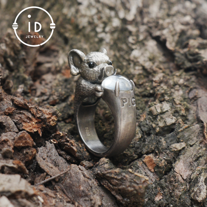 925 Sterling Silver Wild Boar Ring with Rock Crystal and Onyx, handmade animal ring in Gothic vintage style, gift idea for women and men.