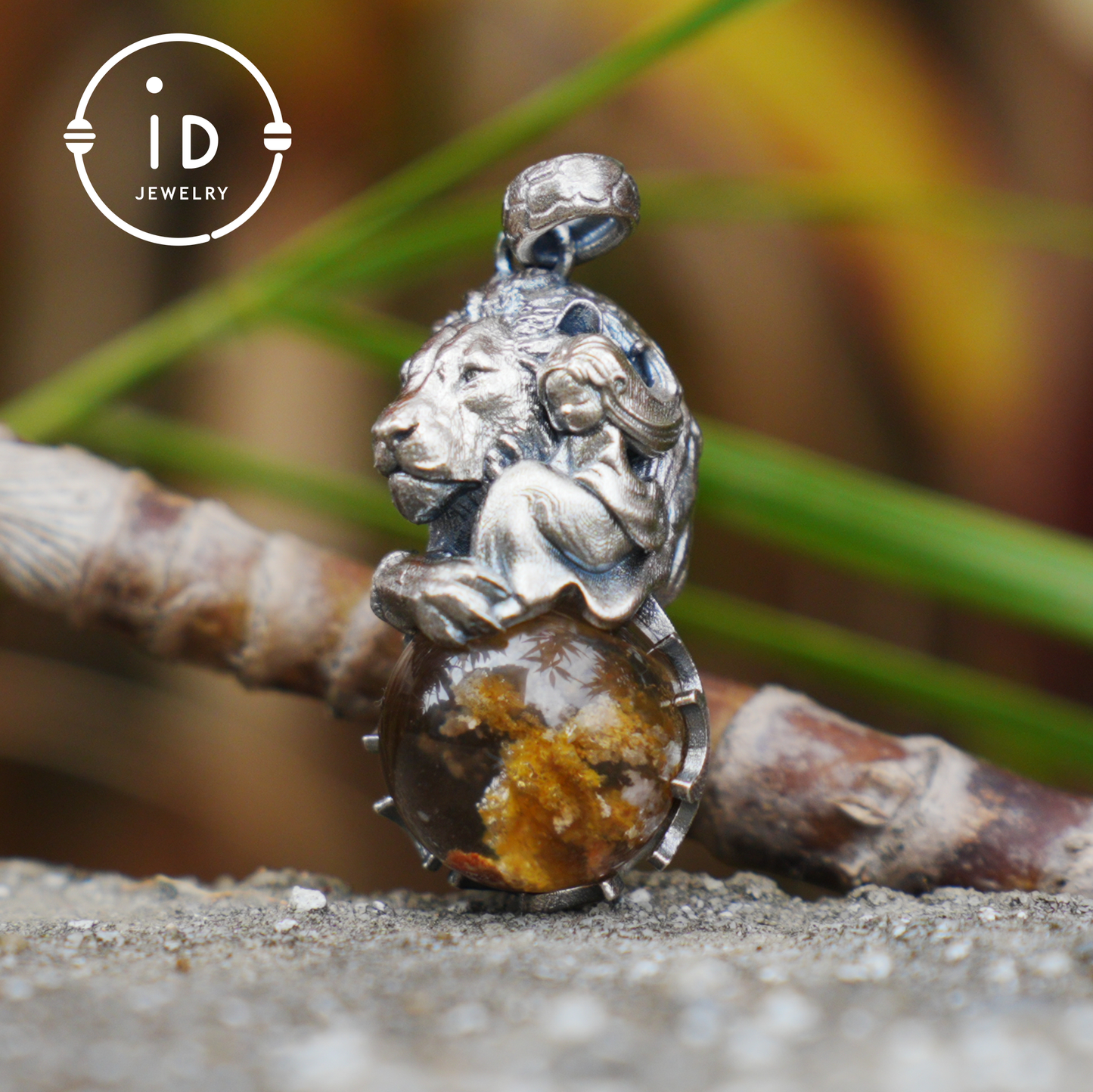 Totem Pendant in 925 Sterling Silver with Lion and Girl Figure, Handmade Talisman with Phantom Quartz Stone, Unique Gift for Men