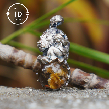 Totem Pendant in 925 Sterling Silver with Lion and Girl Figure, Handmade Talisman with Phantom Quartz Stone, Unique Gift for Men