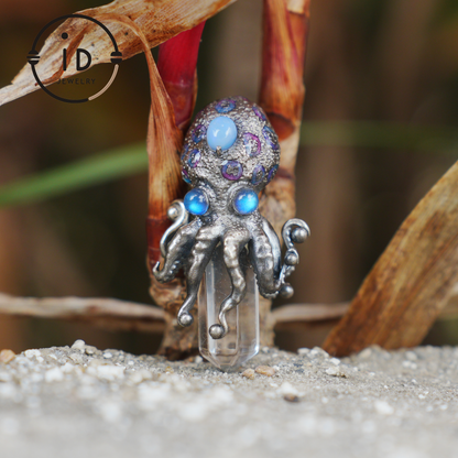 Octopus Pendant with Crystal in 925 Sterling Silver, Handcrafted Gothic Totem Jewelry with Natural Stone, Fantasy Necklace Gift