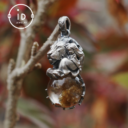 Totem Pendant in 925 Sterling Silver with Lion and Girl Figure, Handmade Talisman with Phantom Quartz Stone, Unique Gift for Men