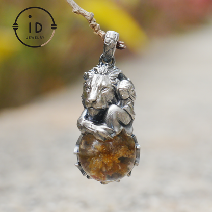 Totem Pendant in 925 Sterling Silver with Lion and Girl Figure, Handmade Talisman with Phantom Quartz Stone, Unique Gift for Men