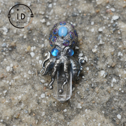 Octopus Pendant with Crystal in 925 Sterling Silver, Handcrafted Gothic Totem Jewelry with Natural Stone, Fantasy Necklace Gift