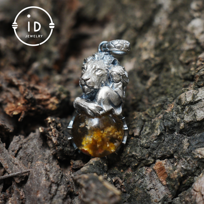 Totem Pendant in 925 Sterling Silver with Lion and Girl Figure, Handmade Talisman with Phantom Quartz Stone, Unique Gift for Men