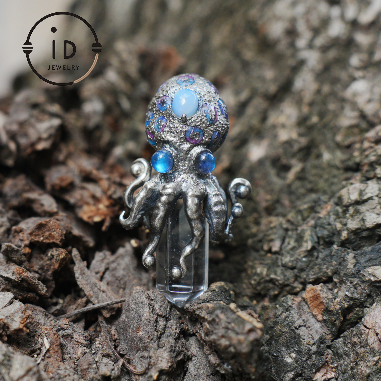 Octopus Pendant with Crystal in 925 Sterling Silver, Handcrafted Gothic Totem Jewelry with Natural Stone, Fantasy Necklace Gift