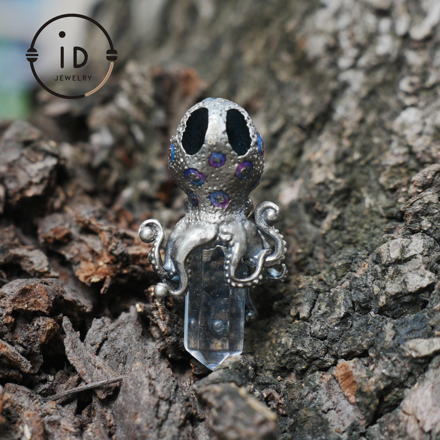 Octopus Pendant with Crystal in 925 Sterling Silver, Handcrafted Gothic Totem Jewelry with Natural Stone, Fantasy Necklace Gift