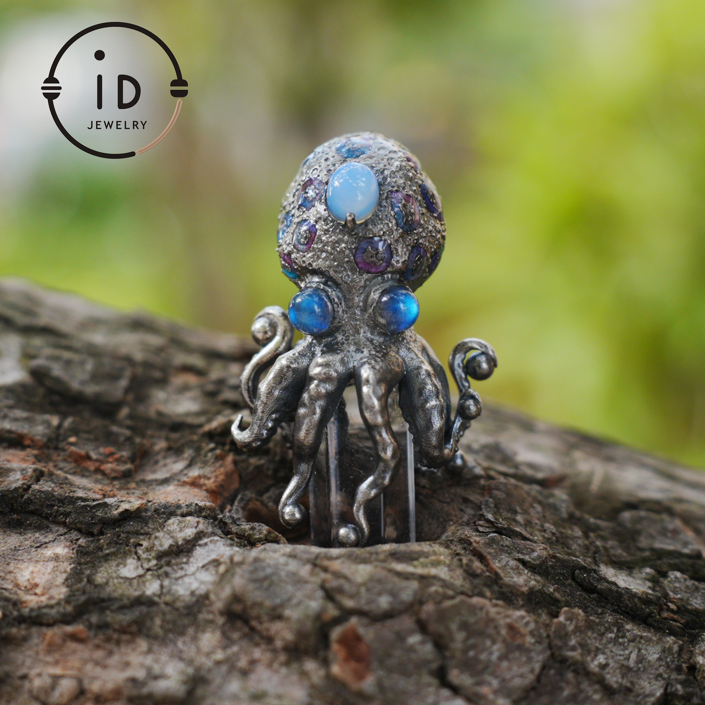 Octopus Pendant with Crystal in 925 Sterling Silver, Handcrafted Gothic Totem Jewelry with Natural Stone, Fantasy Necklace Gift