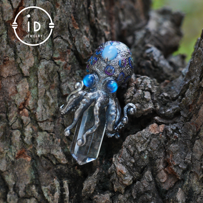 Octopus Pendant with Crystal in 925 Sterling Silver, Handcrafted Gothic Totem Jewelry with Natural Stone, Fantasy Necklace Gift