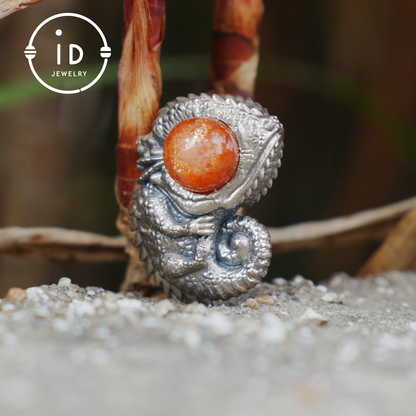 Sunstone Silver Pendant Chameleon Totem Necklace Handmade Gothic Jewelry Reptile Amulet Protective Talisman Gift for Him Her Boho Style